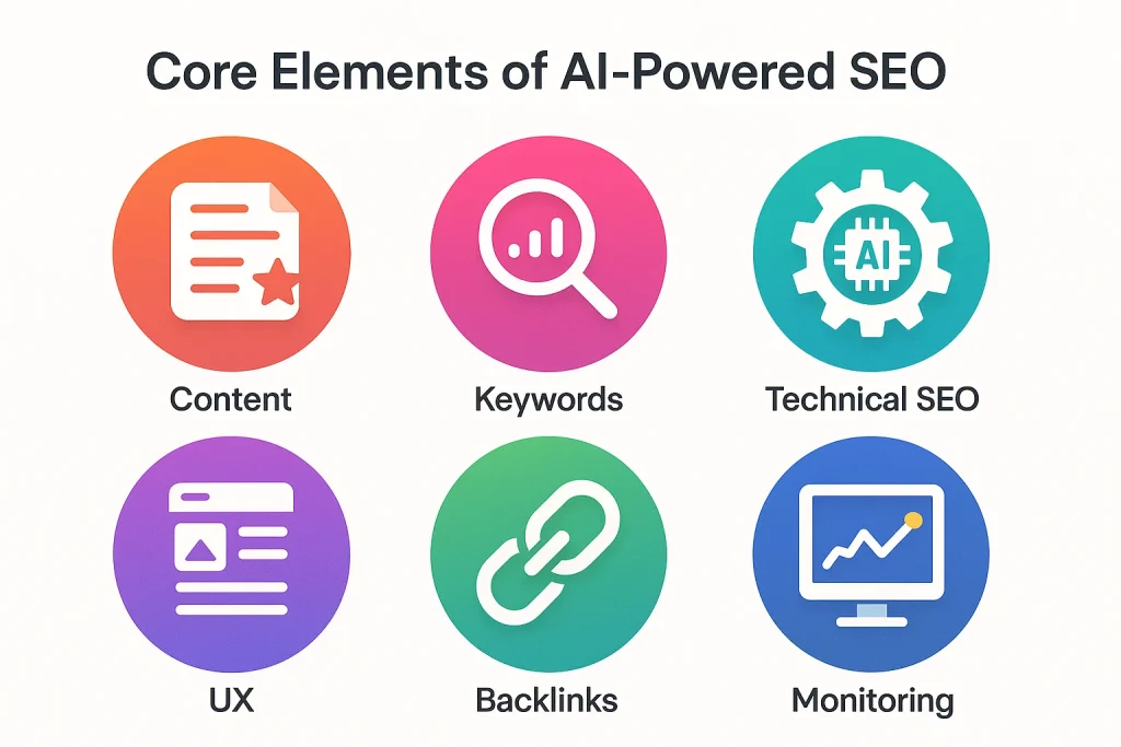 Infographic showing the six foundational elements of AI-driven SEO with visually clear labels and icons.