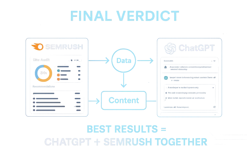 Visual showing ChatGPT and Semrush combined as the best workflow for SEO.