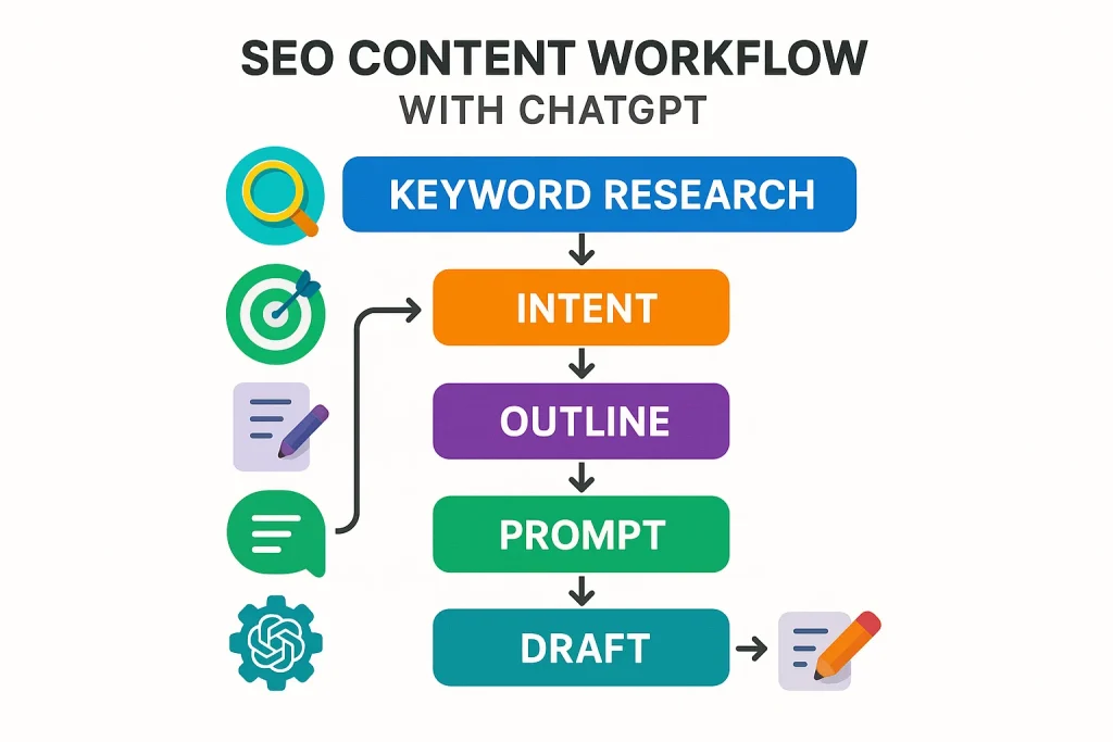 Infographic showing the 6-step ChatGPT SEO writing process from keyword research to final editing.