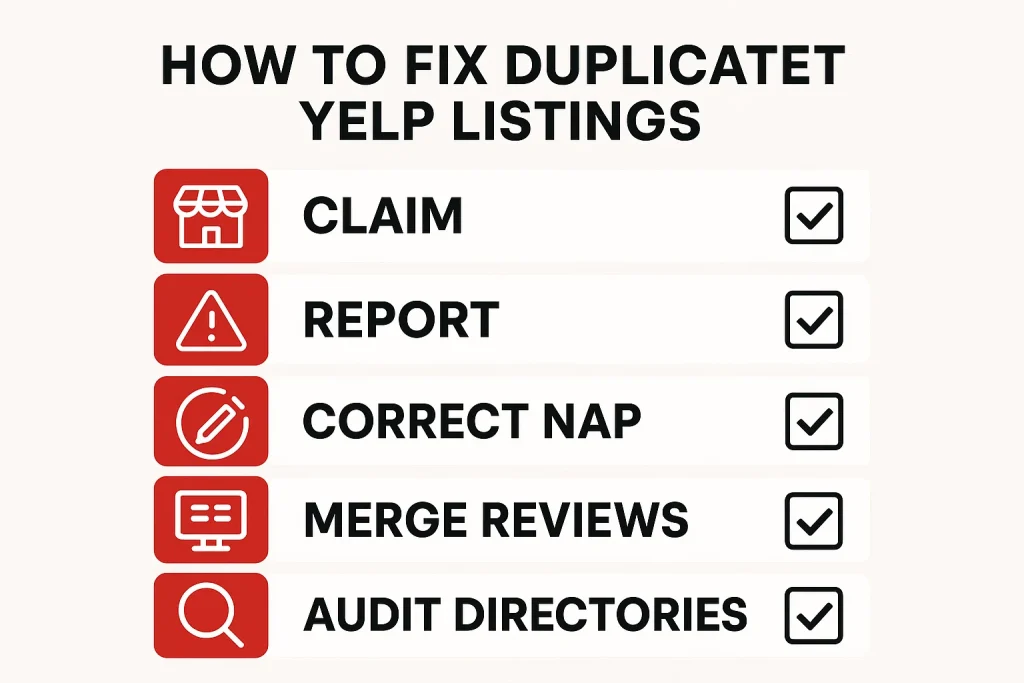 Graphic showing the steps to fix duplicate Yelp listings using a clean checklist design.