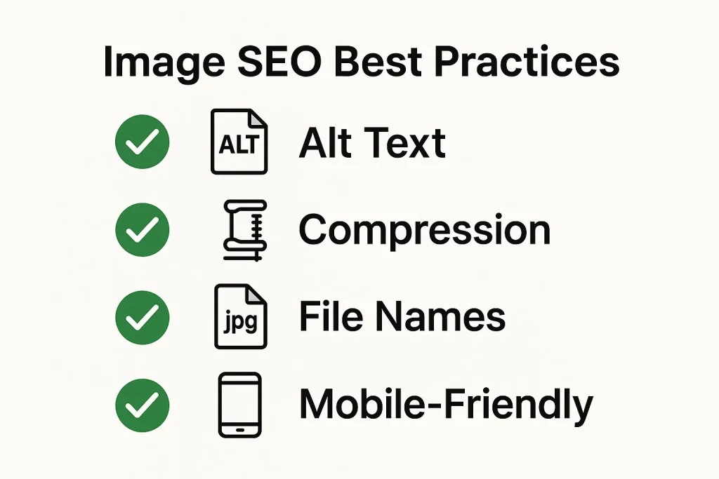Graphic showing a checklist of image SEO best practices including alt text, compression, naming, and responsiveness.