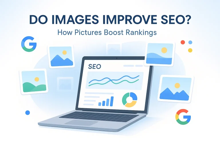 Hero visual showing images, analytics screen, and SEO icons representing how optimized pictures improve search performance.