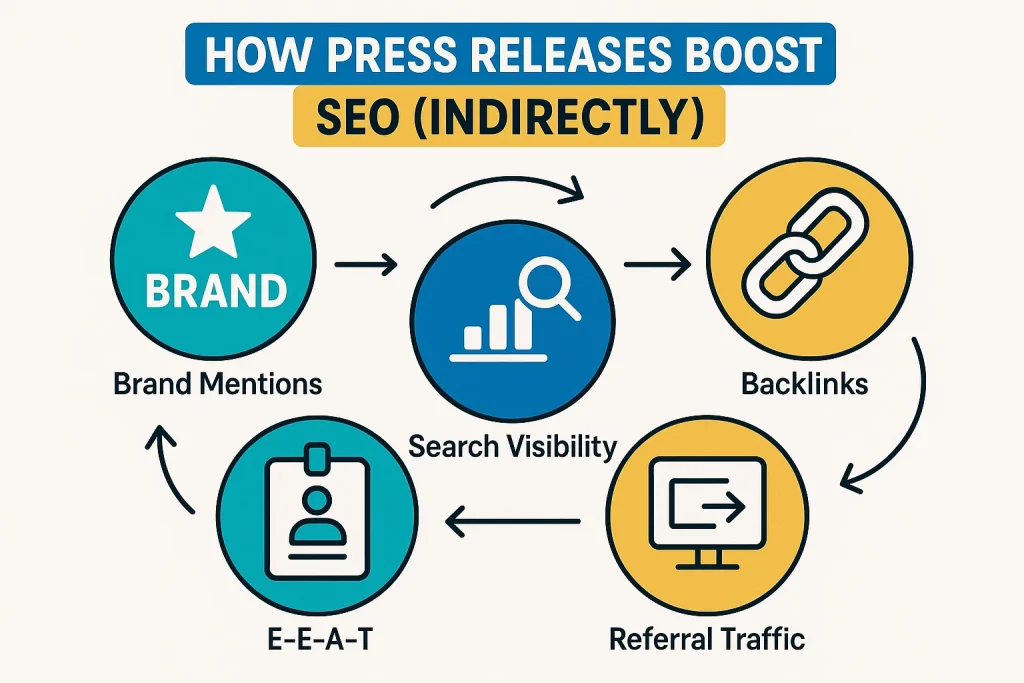 Infographic showing brand mentions, backlinks, visibility, E-E-A-T, and referral traffic.