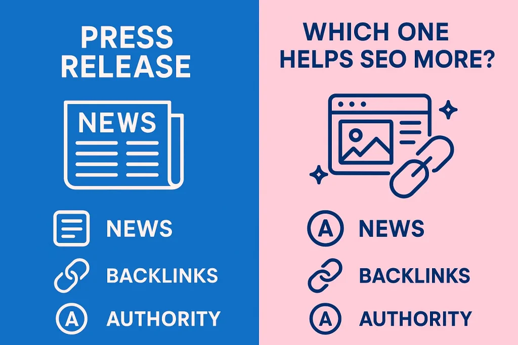 Side-by-side graphic comparing Press Releases and Digital PR for SEO value and media impact.