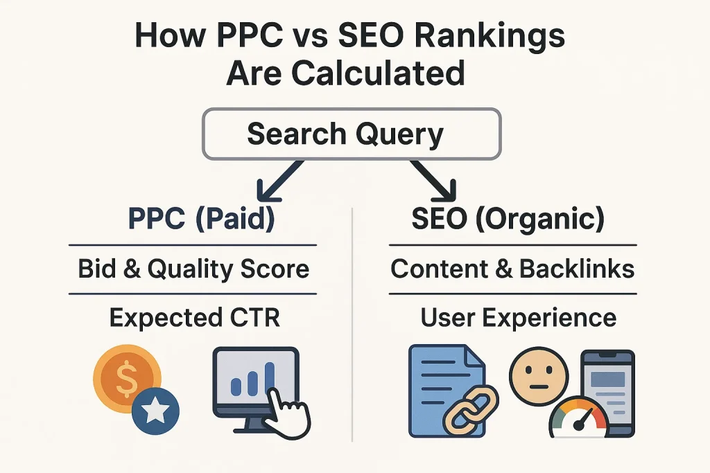 Split-screen hero image visualizing the difference between PPC ad rankings and SEO organic rankings on a Google-style search results page.