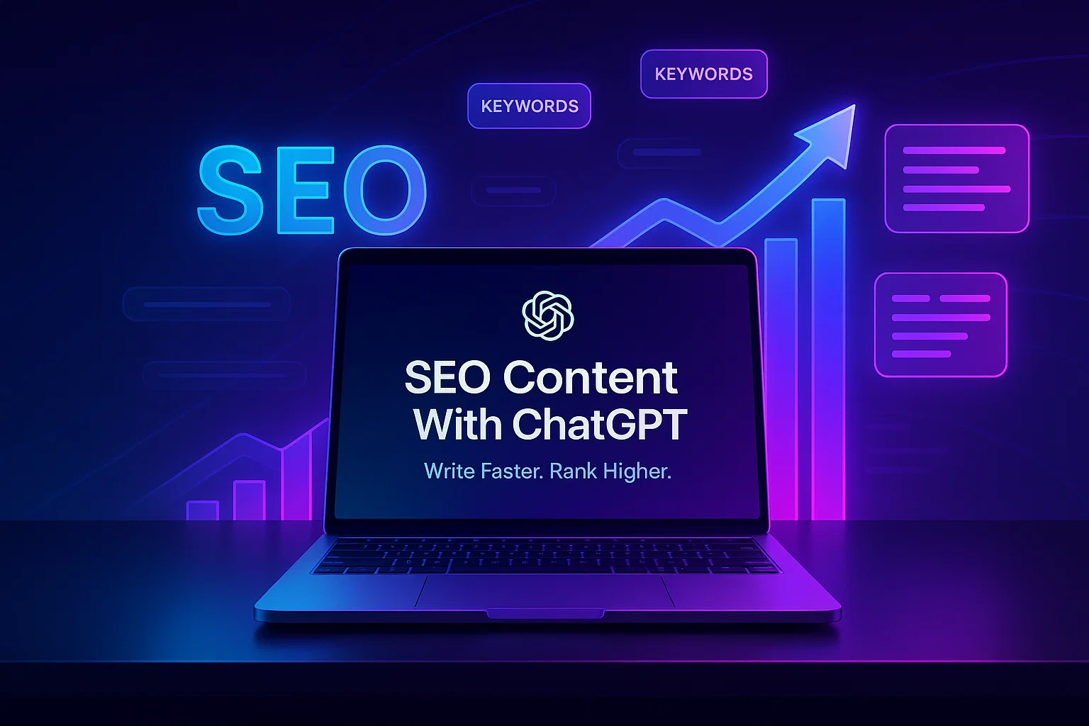 Hero visual showing ChatGPT interface, SEO graphs, and keyword elements to represent SEO-optimized content writing.