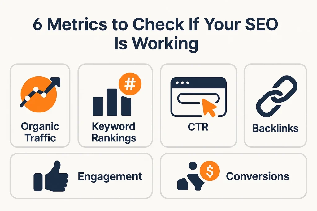 Infographic showing the six main SEO performance metrics with visual icons and labels.