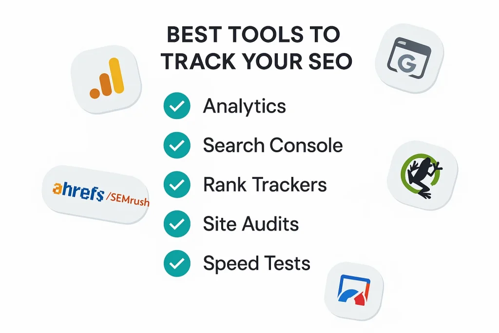 Graphic showing tools used to track SEO performance with icons and checklist-style layout.