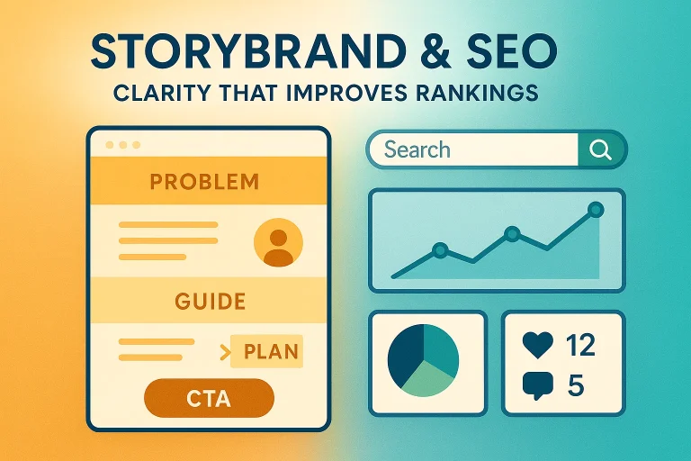 Hero graphic showing StoryBrand messaging layout combined with SEO performance icons.