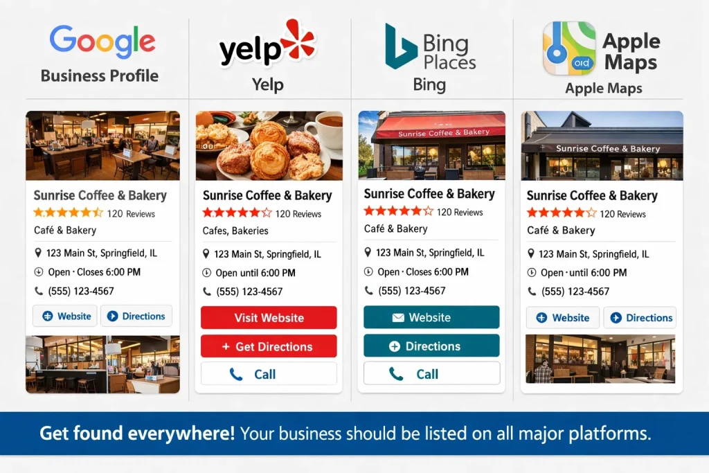 examples of local listings including Google Business Profile Yelp and Bing Places