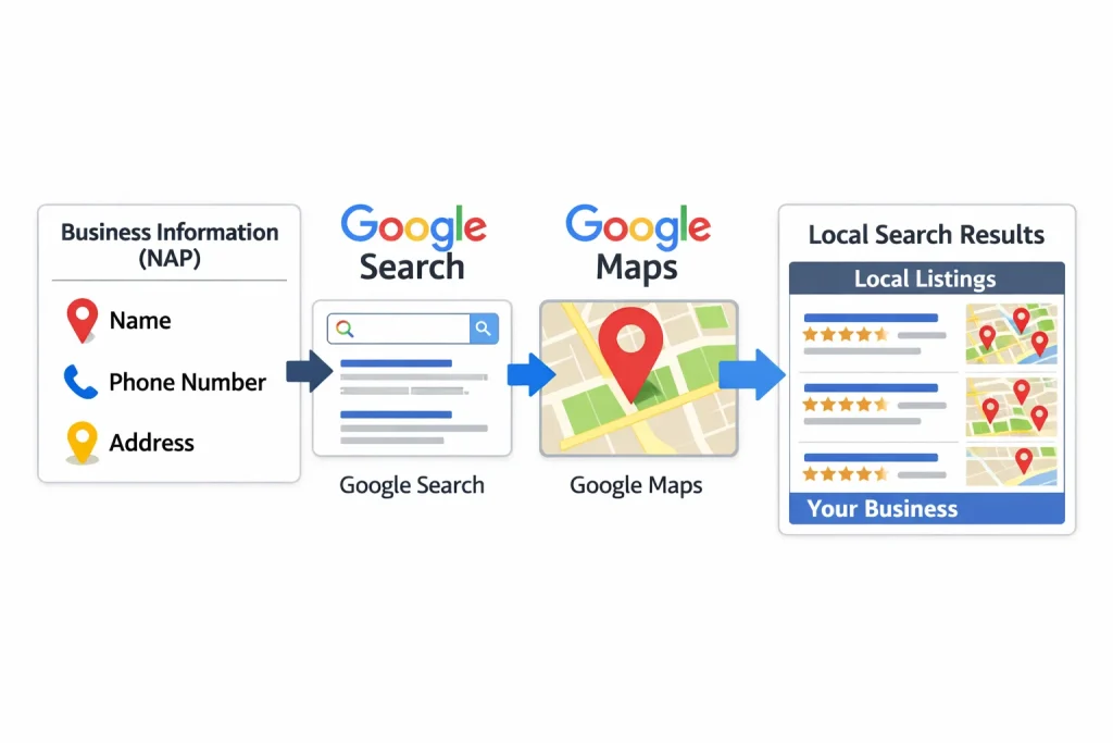 how local listings work in SEO using business information and Google Maps