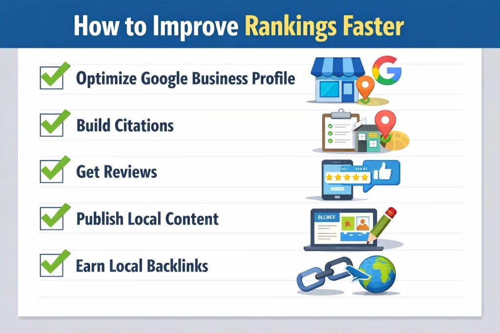 Checklist of actions to speed up local SEO including GBP optimization, citations, reviews, content, and backlinks