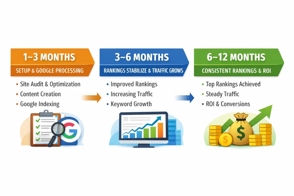 Infographic showing local SEO results timeline across 1–3, 3–6, and 6–12 months