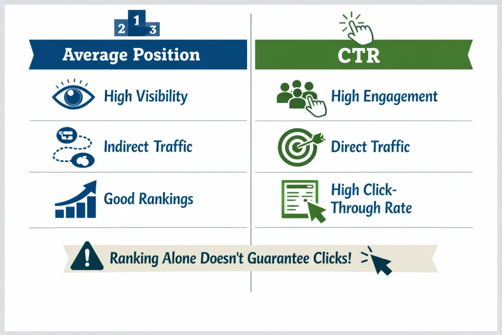 Comparison infographic of Average Position vs Click Through Rate in SEO