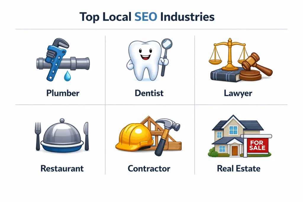 Icons showing business types that benefit most from local SEO like plumbers, dentists, lawyers, and restaurants