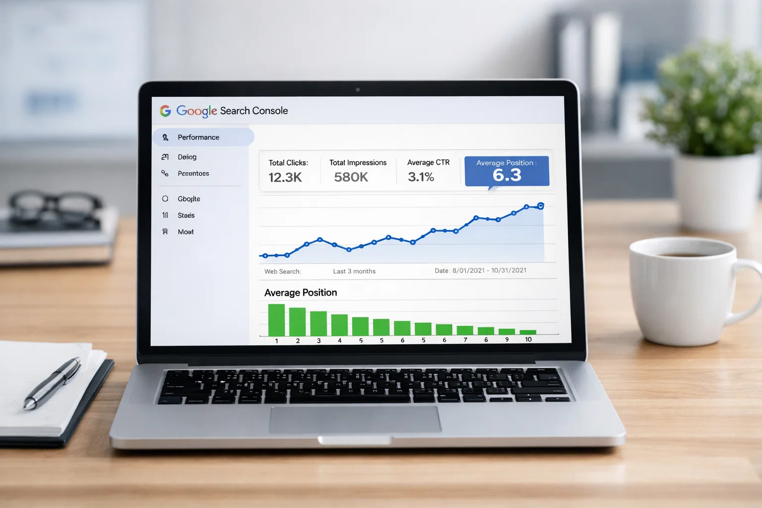 Google Search Console dashboard showing average position metric and ranking graph