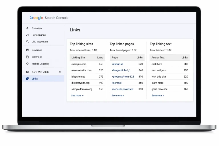 Google Search Console Links report showing backlinks and top linking sites