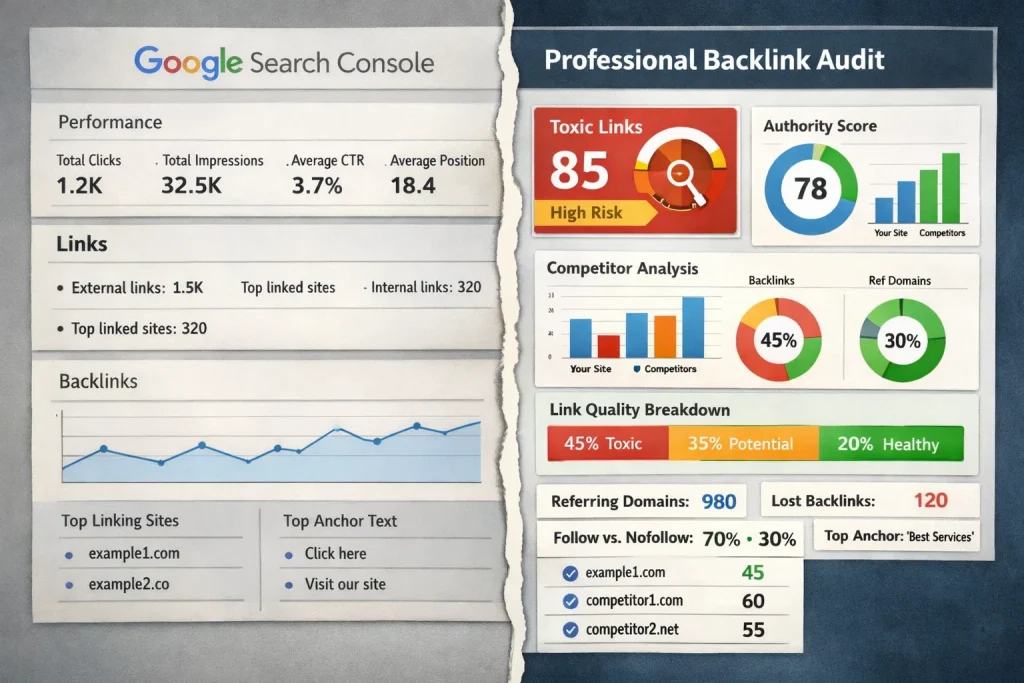 Professional backlink audit compared to Google Search Console limitations