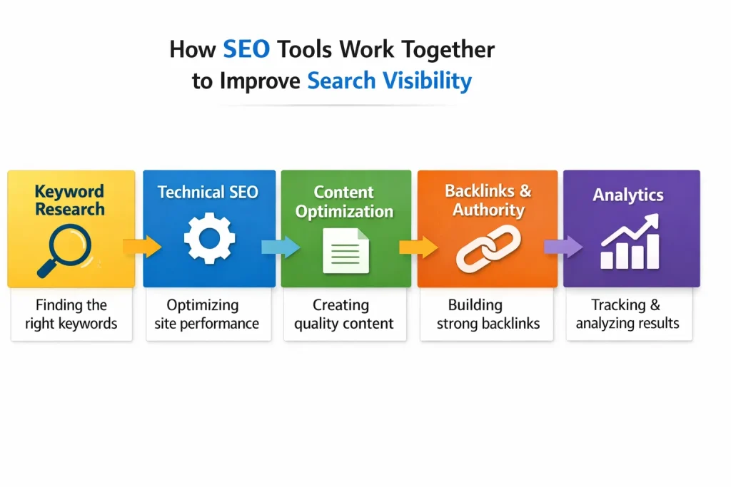 Overview of SEO tools used for keyword research technical SEO content backlinks and analytics