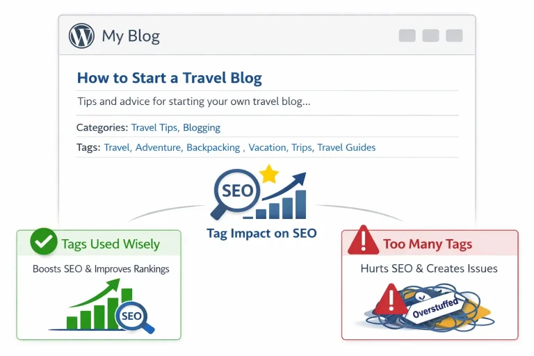 WordPress tags and categories shown with SEO icons representing rankings and indexing