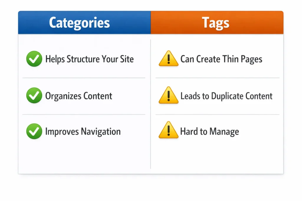 Comparison of WordPress categories vs tags for SEO structure and risks