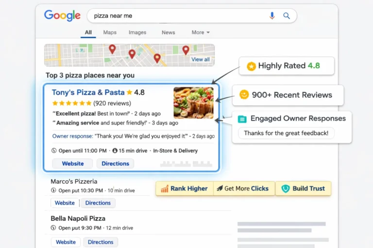 Google local pack results showing high review ratings influencing local SEO rankings