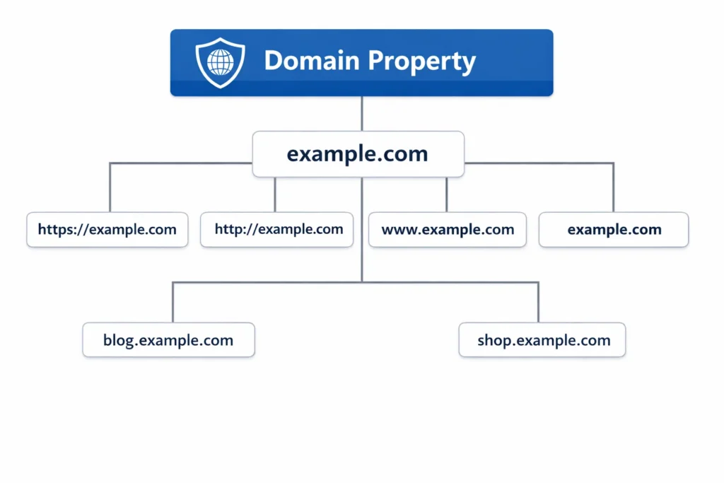Domain property in Google Search Console tracking all subdomains and protocols