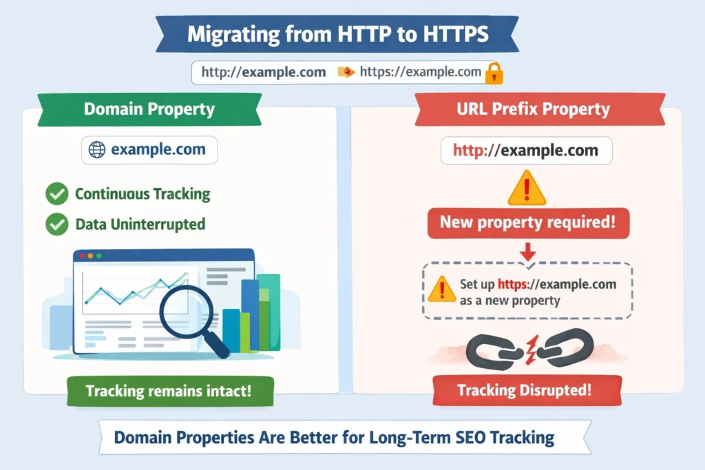 Google Search Console URL prefix vs domain property during HTTP to HTTPS migration